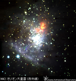 150センチ望遠鏡の近赤外線カメラで撮影したオリオン大星雲の中心部分(トラペジウム周辺)