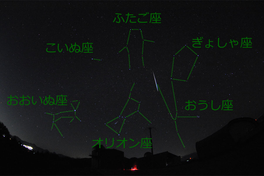 冬のダイヤモンドの中に現れたふたご座流星群の流星（解説）