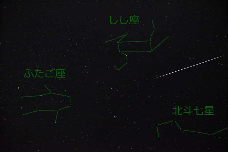 冬のダイヤモンドの中に現れたふたご座流星群の流星（解説）